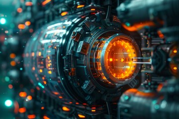 Futuristic and advanced scifi tunnel interface with holographic 3d render technology, creating a cybernetic and virtual reality experience with neon lights and glowing cyber elements