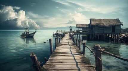 Obraz premium Rustic wooden pier leading to traditional thatched huts over turquoise water with a boat and dramatic cloudscape in a serene coastal village