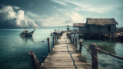 Rustic wooden pier leading to traditional thatched huts over turquoise water with a boat and dramatic cloudscape in a serene coastal village - Powered by Adobe