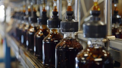 Syrup bottles are lined up on an automated production line, being filled with a dark liquid in a beverage factory during the day.