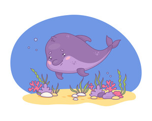Cute cartoon kawaii dolphin. Underwater world with seaweed and funny character animal. Vector illustration. Kids collection