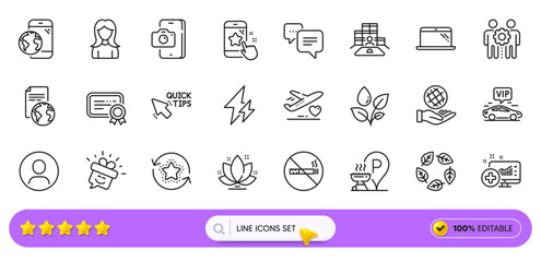 Headshot, Grill place and Phone photo line icons for web app. Pack of Star rating, Electricity, Translation service pictogram icons. No smoking, Inventory, Plants watering signs. Search bar. Vector