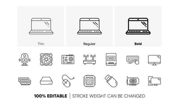 Motherboard, CPU and Laptop. Computer device line icons. SSD memory linear icon set. Line icons set. Vector