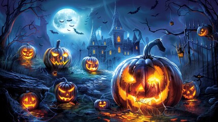 Fototapeta premium Vibrant halloween illustration with orange text on shadowy black background and eerie motifs