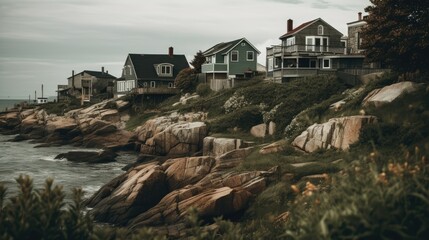 Coastal Houses on Rocky Shoreline with Overcast Sky and Ocean View in Serene Seaside Village