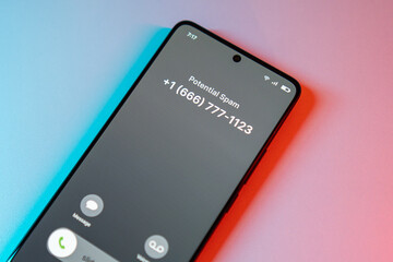 Spammer call on phone. Spam incoming call on cell phone. Spam and junk concept