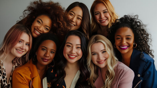 Women's Equality Day photoshoot, International Women's day photoshoot, group of diverse multiracial and multi ethnic female colleagues smiling