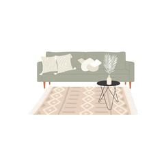 Set of Aesthetic Furniture. Mint sofa with decorative macrame pillows and boho rug and coffee table.