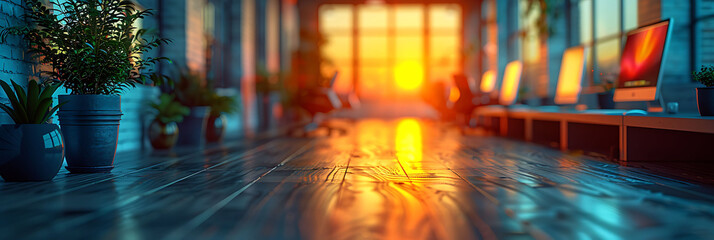 Obraz premium office environment with a soft focus showing desks chairs and monitors slightly blurred captured using HDR Imaging and Dual ISO for a dreamy abstract effect