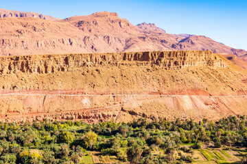 Green oasis with palm trees in Tinghir town with mountains in background, Morocco, North Africa