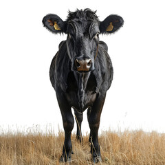 Stoic Black Cow in a Dry Grass Field.Black angus
