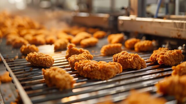 Golden brown fried chicken pieces are moving along a conveyor belt in a busy food processing plant under bright daylight.