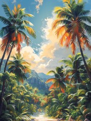 Tropical island with trees, painting painted with oil paints on canvas