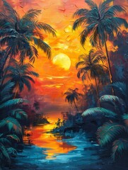 Tropical sunset with trees, painting painted with oil paints on canvas