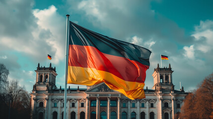 A stunning German national tricolor flag flies in the wind on a flagpole with a traditional German building in the background. Natural daylight.	