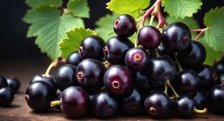 Fototapeta premium Fresh black currant on dark background.