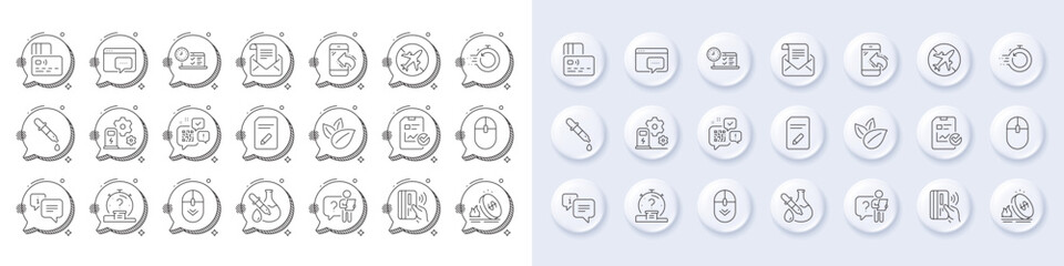Search employee, Charging station and Chemistry pipette line icons. White pin 3d buttons, chat bubbles icons. Pack of Contactless payment, Mail newsletter, Computer mouse icon. Vector