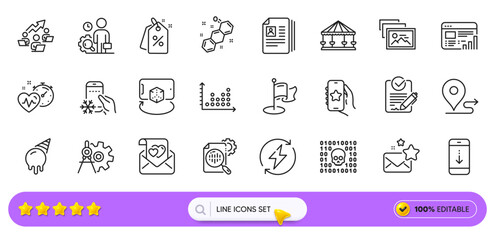Rfp, Ice cream and Photo album line icons for web app. Pack of Love letter, Web report, Cogwheel dividers pictogram icons. Dot plot, Renewable power, Cv documents signs. Chemical formula. Vector