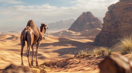 A camel trekking through a harsh desert, enduring the extreme heat.