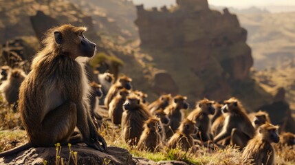 A troop of baboons grooming in Ethiopiaâ€™s Simien Mountains.