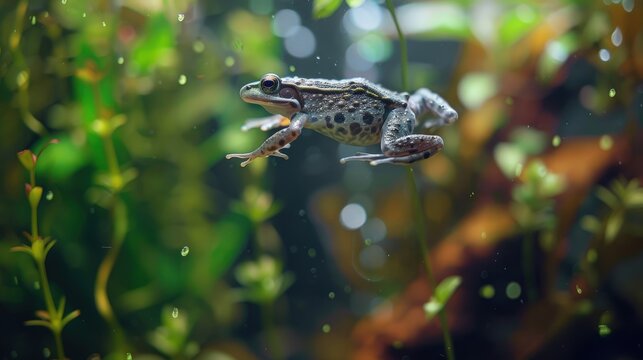 African dwarf frog in aquarium, playful, popular pet.