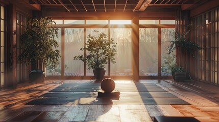 AI personal trainer coaching yoga, serene gym, virtual guidance displayed.