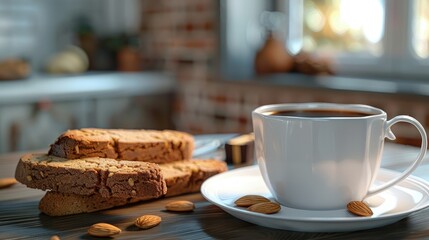 Biscotti, twice-baked, almond pieces, beside a coffee cup.