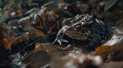 Fototapeta premium Common toad on forest floor, camouflage, nocturnal wanderer.
