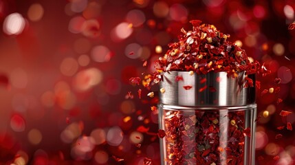 Crushed red pepper, hot and vibrant, in a glass shaker.