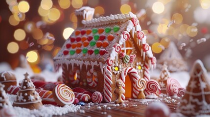Gingerbread house, elaborately decorated, festive candies.