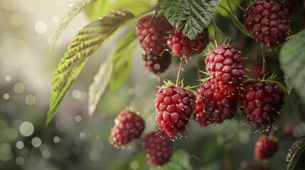 Freshly picked raspberries, lush and dark red.