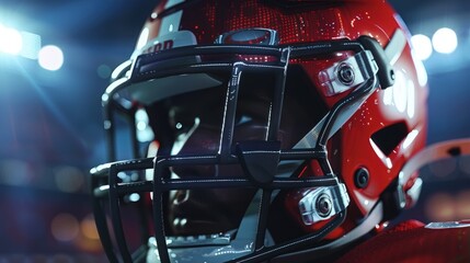Football helmet under stadium lights, close-up, pre-game tension, focus on details .