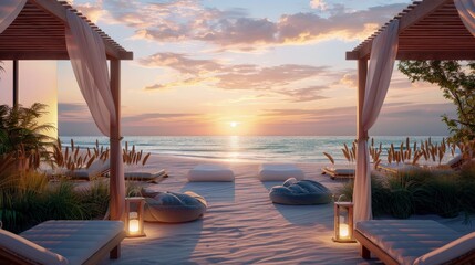 Luxury wellness retreat in the Hamptons, beachside yoga, spa treatments, chic relaxation.