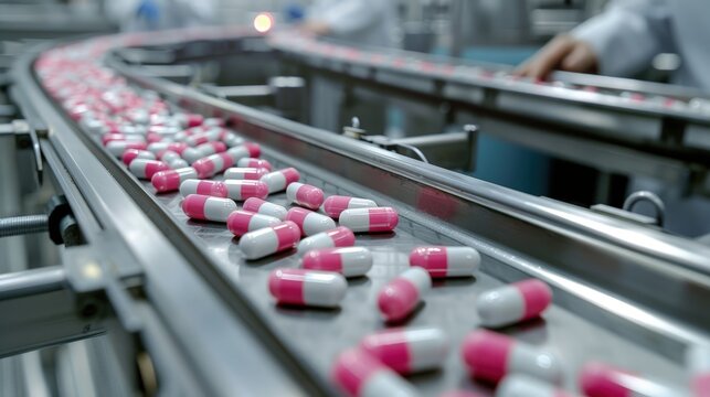 Production line of medication capsules being packaged for distribution at a pharmaceutical plant.