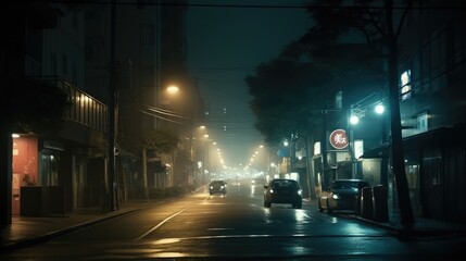 Dimly Lit City Street at Night with Cars and Neon Signs in Urban Setting takes place in Asian city - Powered by Adobe