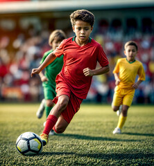 Obraz premium A boy in a red shirt is running with a soccer ball