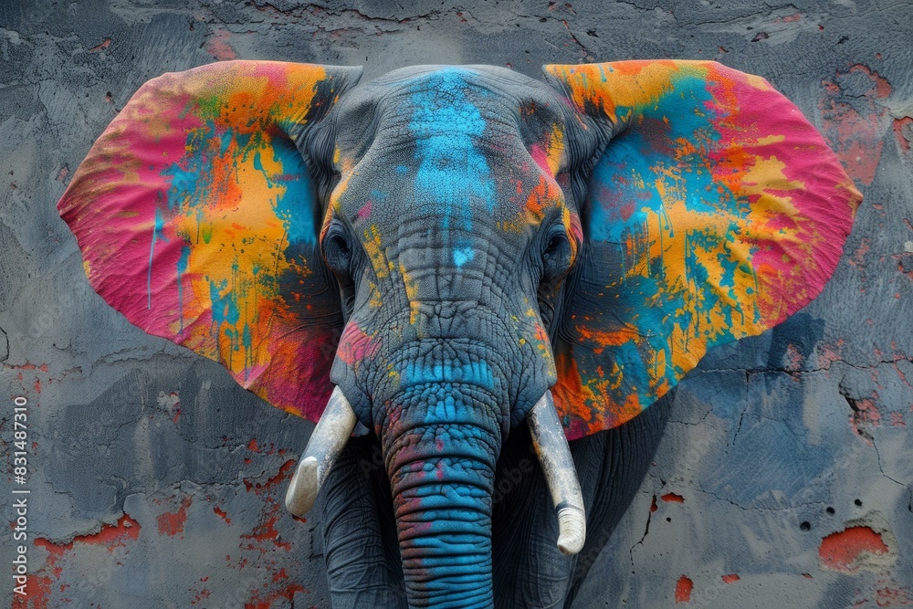 Poster vibrant graffiti of an elephant with a splatter paint effect on a grey concrete wall