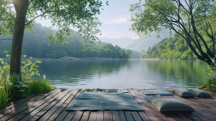 Yoga class on a wooden deck overlooking a lake, serene and picturesque .