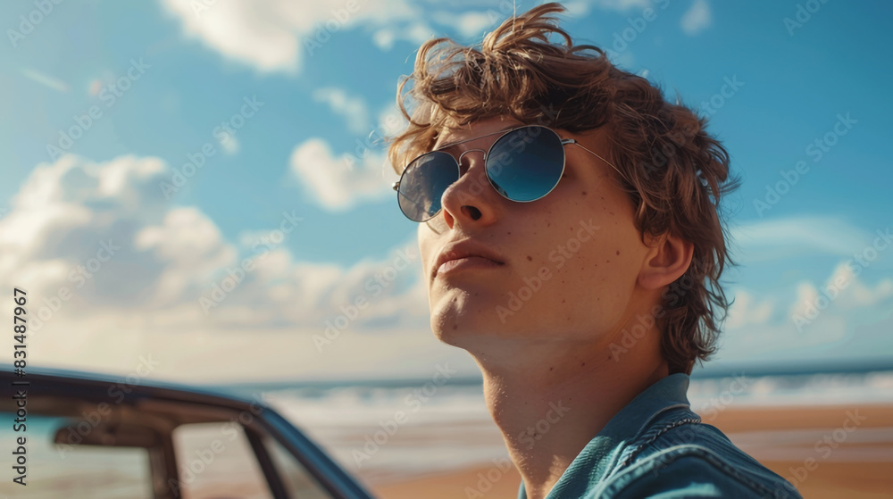 Wall mural Portrait of a brutal man in sunglasses on the beach, close-up