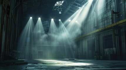 Dramatic spotlights on a stage set in a factory.