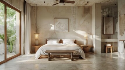 Shows a modern bedroom with a rustic aesthetic, featuring a large bed with a wooden frame and white bedding, a concrete wall with a textured finish