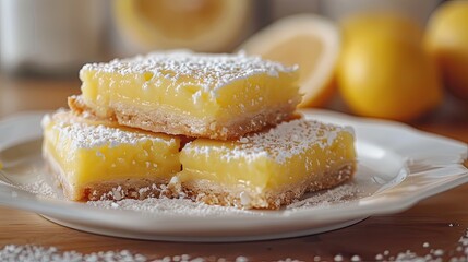 Lemon bars, dusted with powdered sugar, on a white plate.