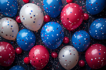 A Festive Background Filled with Red, White, and Blue Balloons and Banners