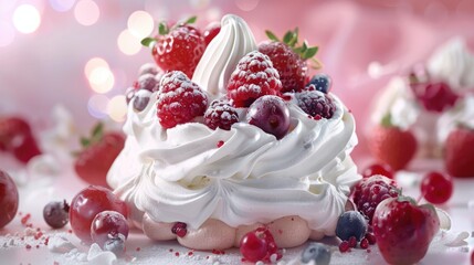 Pavlova, meringue base, whipped cream and fresh berries.