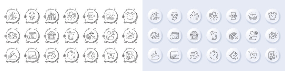 Fototapeta premium Employee results, Outsource work and Calendar line icons. White pin 3d buttons, chat bubbles icons. Pack of Stars, Augmented reality, Loan percent icon. Timer, Wallet, Coal trolley pictogram. Vector