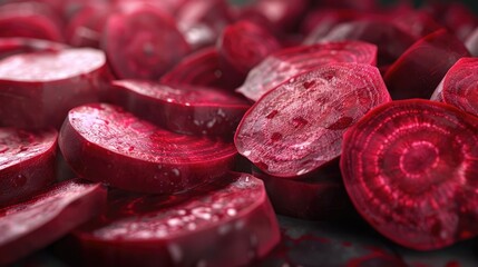 Sliced beets, deep red, freshly cut.