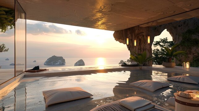 Spa and yoga retreat in Ibiza, serene villas, detox programs, island calm.