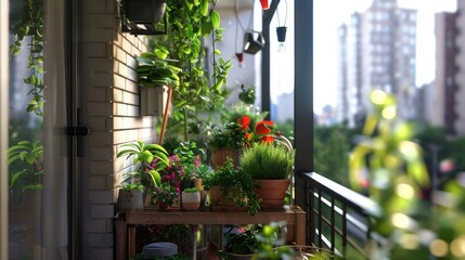 Fototapeta premium Apartment balcony gardening tips, small space solutions, potted plants, city dwellers.