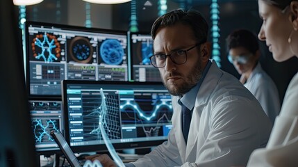 Fototapeta premium Biotech research team using AI to predict genetic mutation outcomes.