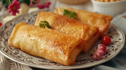 Blintzes, filled with cheese or fruit, lightly fried.